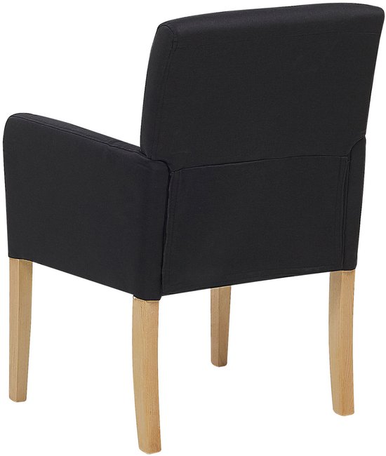 Chaise de salle à manger noire avec revêtement en tissu et pieds en bois, vue arrière.