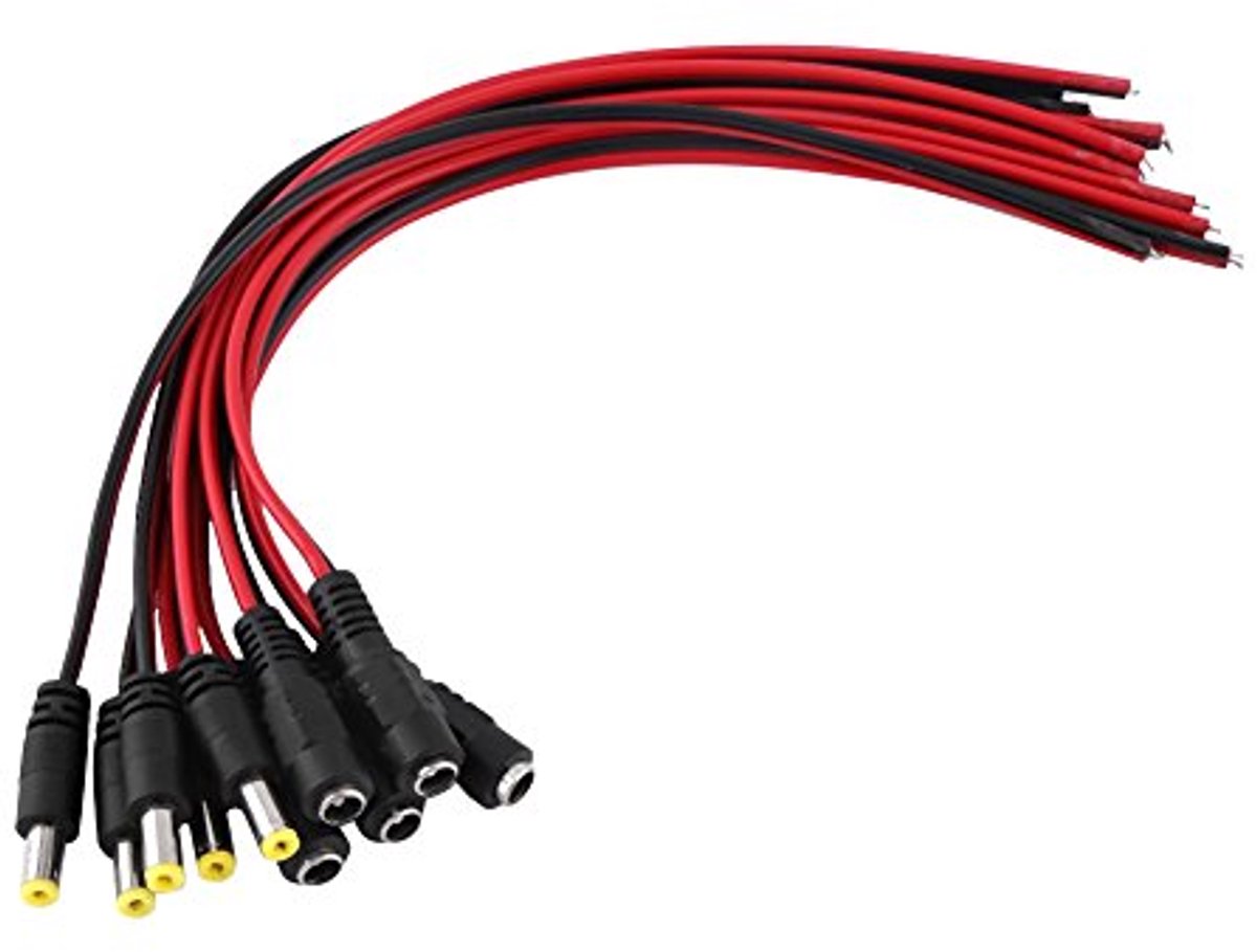 11 Inch DC Power Pigtail Cable Male Female Plug with Black Wire Jackets, Coaxial Connector 2.1mm X 5.5mm for Security Cameras