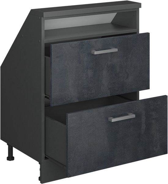 Donkergrijze kast met betonnen look, met 2 open lades en een open vak boven.