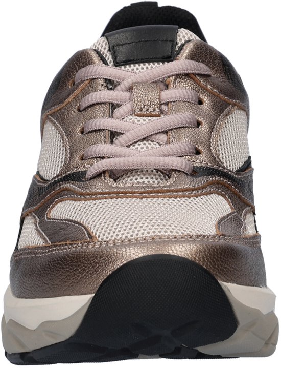 Vooraanzicht van grijze Gabor sneaker met mesh, leer en roze veters.