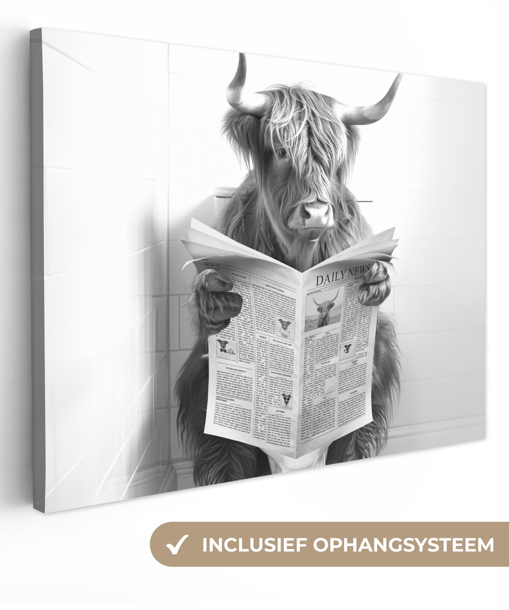Canvas schilderij 160x120 cm - Wanddecoratie badkamer Schotse Hooglander - Dier - Krant -