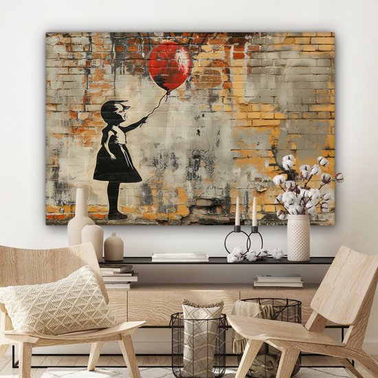 Peinture sur toile 120x80 cm - Décoration murale Graffiti - Style Banksy - Fille avec ballon - Décoration murale murale salon - Décoration chambre - Accessoires de chambre - Peintures