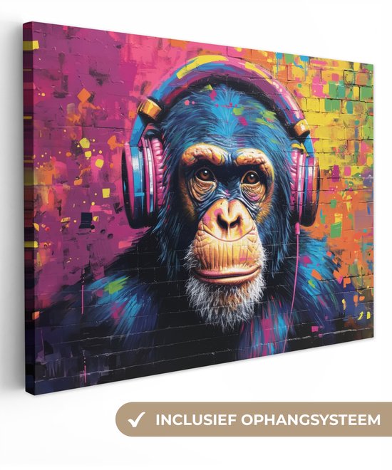 Canvas schilderij 80x60 cm - Wanddecoratie Graffiti - Chimpansee - Street art - Koptelefoon - Aap - Muurdecoratie woonkamer - Slaapkamer decoratie - Kamer accessoires - Schilderijen op canvas