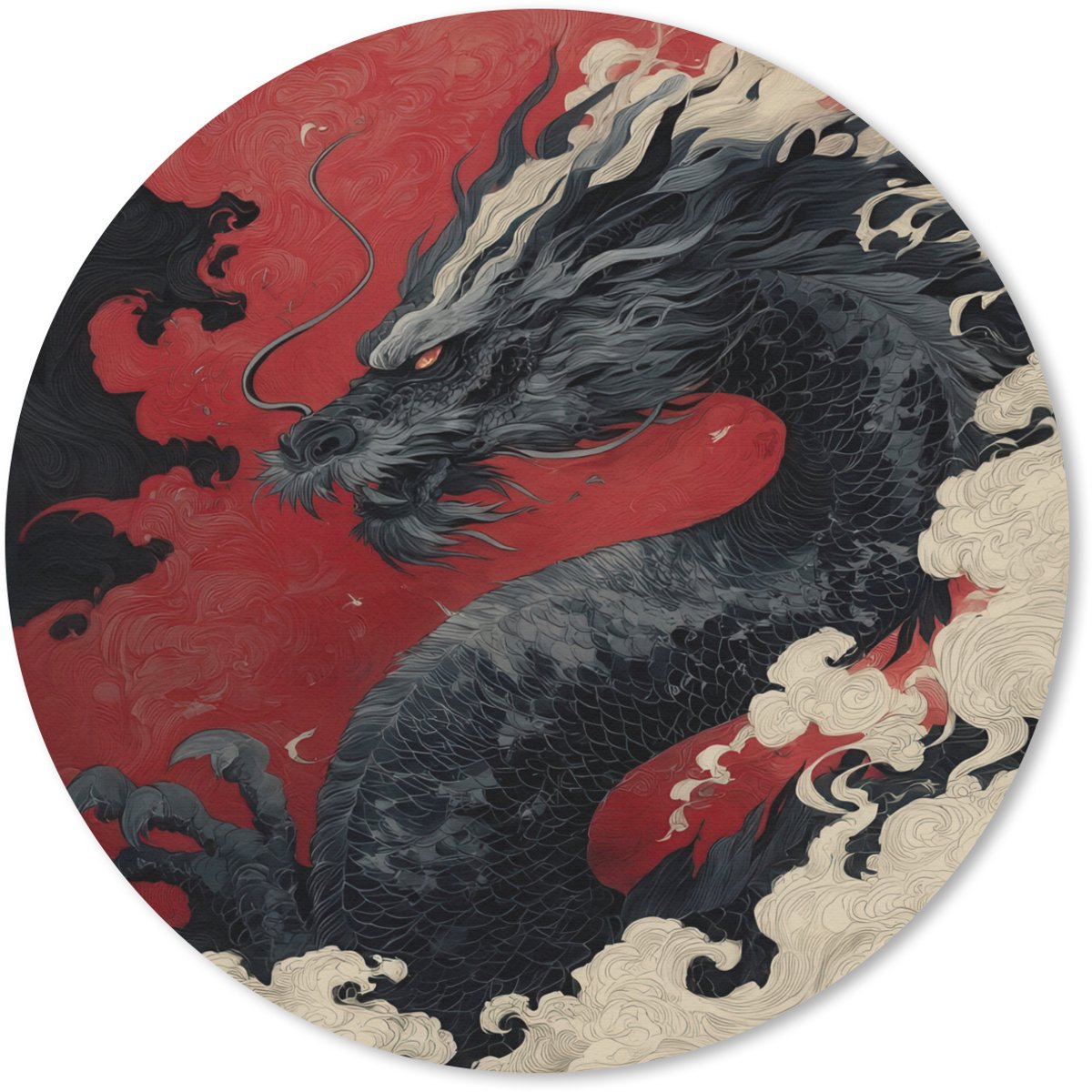 Muismat rond 20x20 cm - Mousepad Zwarte draak - Rookwolken - Rood - Ronde muismatten