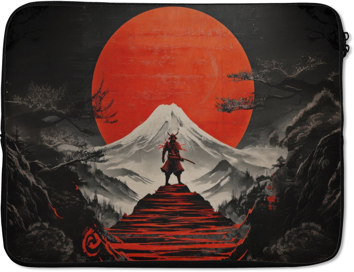 Laptophoes 15.6 inch - Krijger - Rode trappen - Zon - Berg - Laptop sleeve - Binnenmaat 37x26 cm - Zwarte achterkant