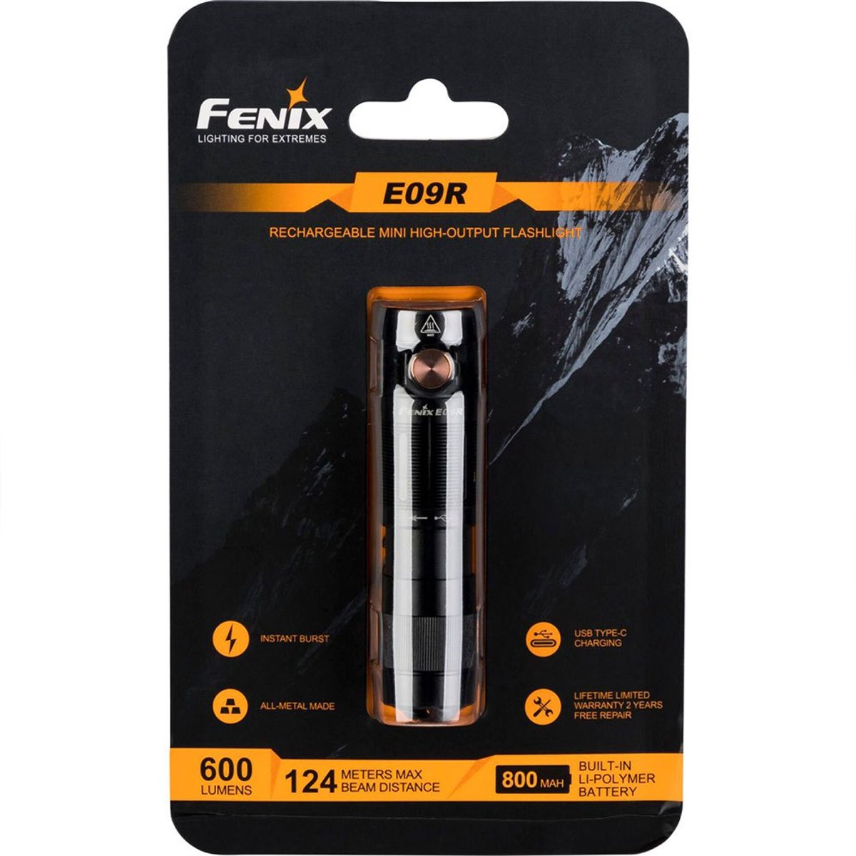 Fenix E09R compacte LED zaklamp - Oplaadbaar - 600 lumen - 124 meter - IP68 waterproof