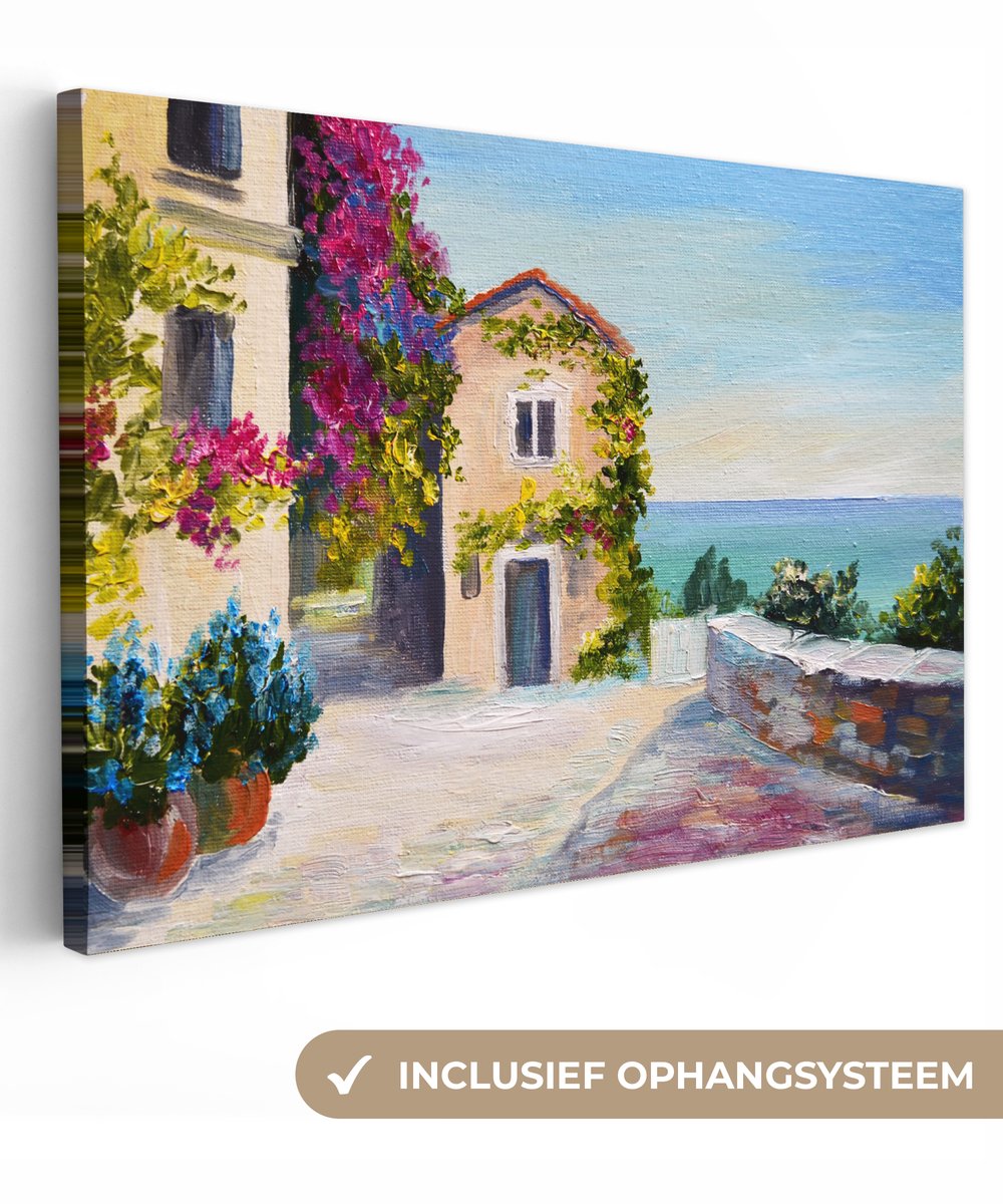 Canvas - Schilderij - Huis - Bloemen - Verf - Oil painting - Muurdecoratie - 60x40 cm - Wanddecoratie