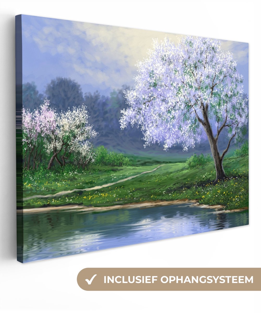 Canvas - Canvas doek - Bloesemboom - Water - Olieverf - Canvas natuur - 120x90 cm - Schilderijen op canvas - Muurdecoratie