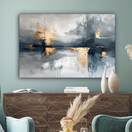 Canvas schilderij 120x80 cm - Wanddecoratie Abstract - Verf - Kunst - Goud - Muurdecoratie woonkamer - Kamer decoratie modern - Abstracte schilderijen
