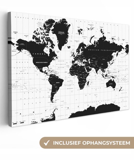 Wereldkaart en toile - Zwart - Wit - Atlas - 180x120 cm - Décoration murale
