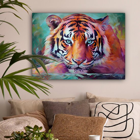 Canvas schilderij 80x60 cm - Wanddecoratie Tijger - Olieverf - Dieren - Kunst - Muurdecoratie woonkamer - Slaapkamer decoratie - Kamer accessoires - Schilderijen op canvas