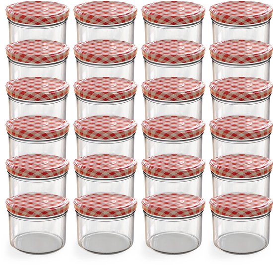Pile de 20 bocaux en verre avec couvercles à carreaux rouge et blanc.