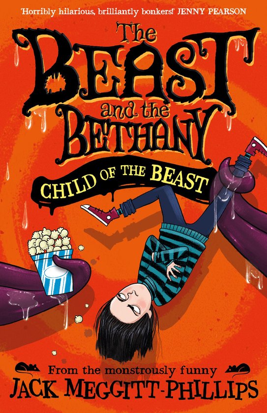 Boek kaft 'The Beast and the Bethany: Child of the Beast' met een meisje in gestreepte trui, dat popcorn vasthoudt, en tentakels.
