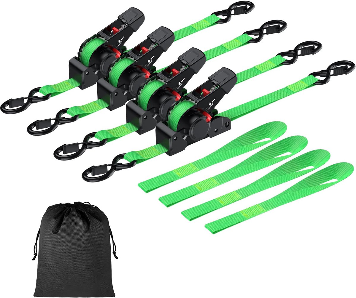 Automatische Spanband - Zelfoprollend met verstelbare ratel en S-haken - Voor auto, aanhanger en motor - 3,5m x 25mm - 320kg/640kg - Inclusief 4x sjorlussen 30cm