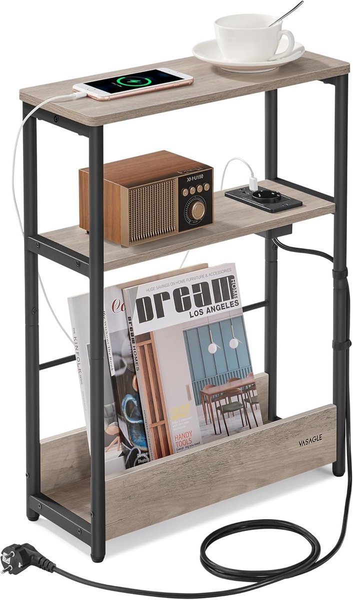 FurnStar – Smalle bijzettafel – Nachtkastje met oplaadfunctie – 3 planken & tijdschriftenhouder – 18 x 45 x 58 cm – Greige gemêleerd-inktzwart