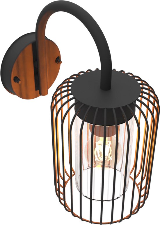 Zwarte Calex Rome wandlamp met kooi-armatuur, houten achterplaat en gloeilamp.