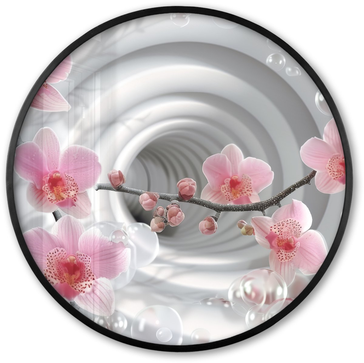 FrameYourWall Poster in lijst Rond - Fotolijst 80x80 cm - Posters - Bloemen - Tunnel - Abstact - 3D effect - Ronde posterlijst zwart - Decoratie - Wanddecoratie woonkamer - Muurdecoratie slaapkamer Abstract - Orchidee