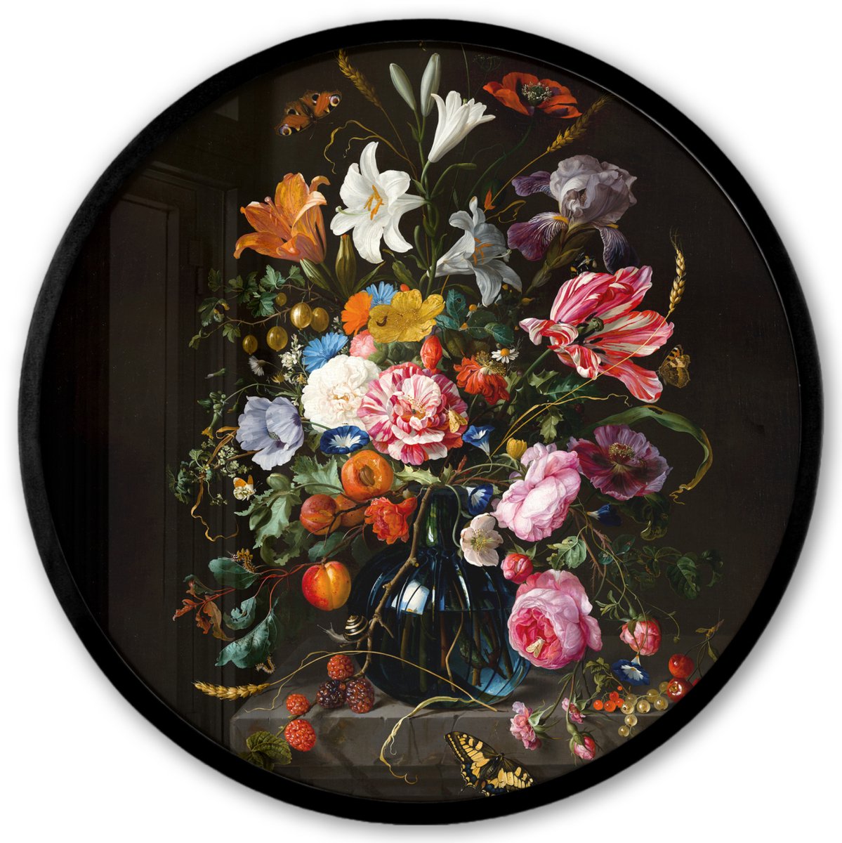FrameYourWall Poster in lijst Rond - Fotolijst 40x40 cm - Posters - Oude meesters - Kunst - Vaas met bloemen - Jan Davidsz de Heem - Ronde posterlijst zwart - Decoratie - Wanddecoratie woonkamer - Muurdecoratie slaapkamer Kunst - Bloemen