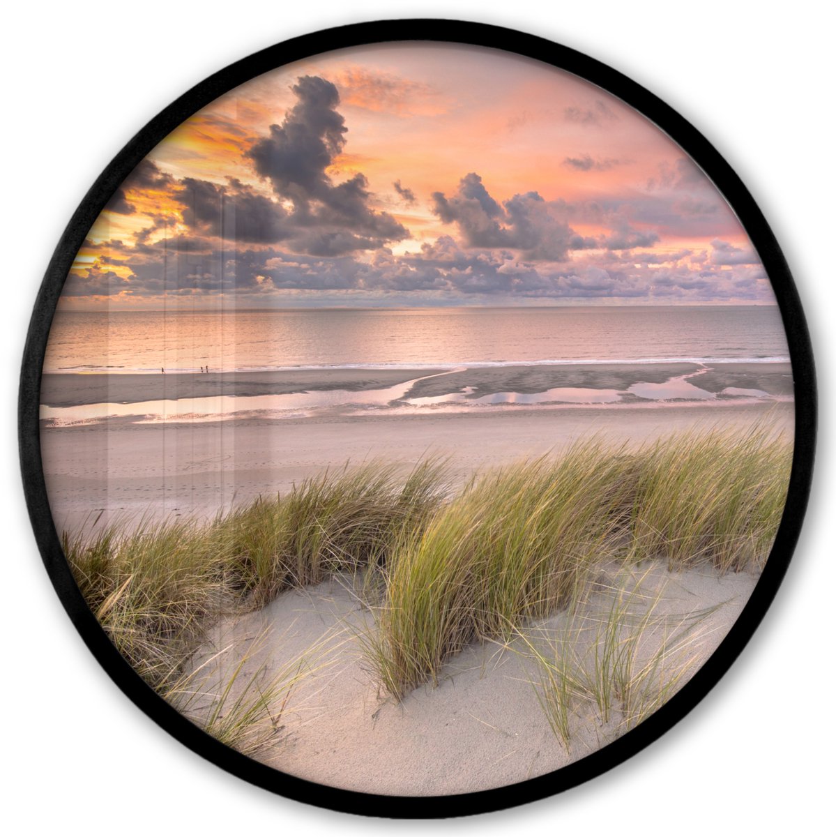 FrameYourWall Poster in lijst Rond - Fotolijst 40x40 cm - Posters - Zonsondergang - Duin - Strand - Planten - Zee - Ronde posterlijst zwart - Decoratie - Wanddecoratie woonkamer - Muurdecoratie slaapkamer