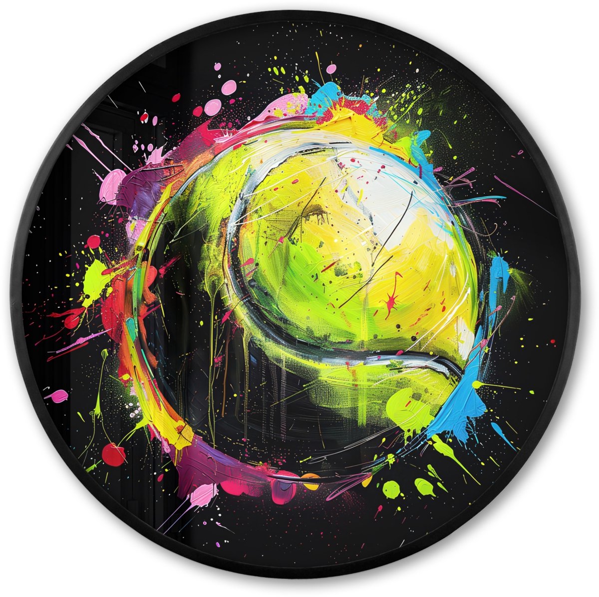 FrameYourWall Poster in lijst Rond - Fotolijst 60x60 cm - Posters - Graffiti - Sport - Tennis - Padel - Bal - Ronde posterlijst zwart - Decoratie - Wanddecoratie woonkamer - Muurdecoratie slaapkamer Tennisbal