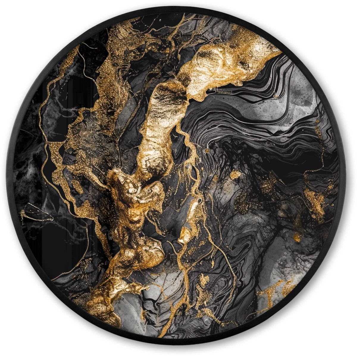 FrameYourWall Poster in lijst Rond - Fotolijst 60x60 cm - Posters - Marmer - Zwart - Goud - Abstract - Ronde posterlijst zwart - Decoratie - Wanddecoratie woonkamer - Muurdecoratie slaapkamer