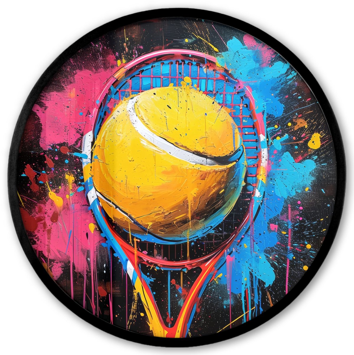 FrameYourWall Poster in lijst Rond - Fotolijst 40x40 cm - Posters - Graffiti - Tennis - Sport - Racket - Ronde posterlijst zwart - Decoratie - Wanddecoratie woonkamer - Muurdecoratie slaapkamer