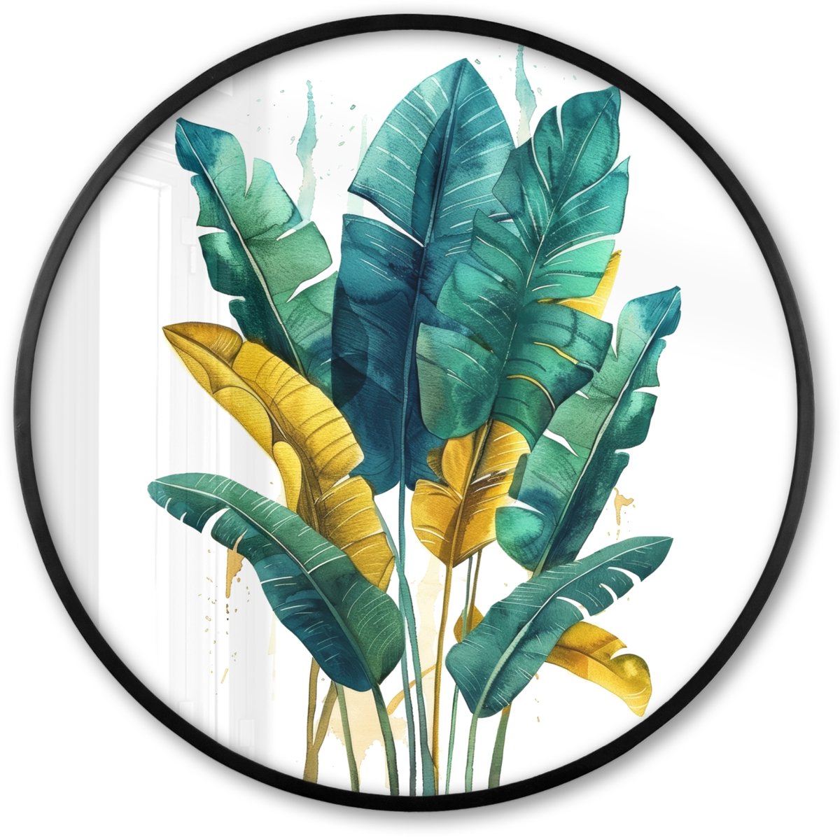 FrameYourWall Poster in lijst Rond - Fotolijst 60x60 cm - Posters - Bladeren - Groen - Tropisch - Goud - Natuur - Ronde posterlijst zwart - Decoratie - Wanddecoratie woonkamer - Muurdecoratie slaapkamer