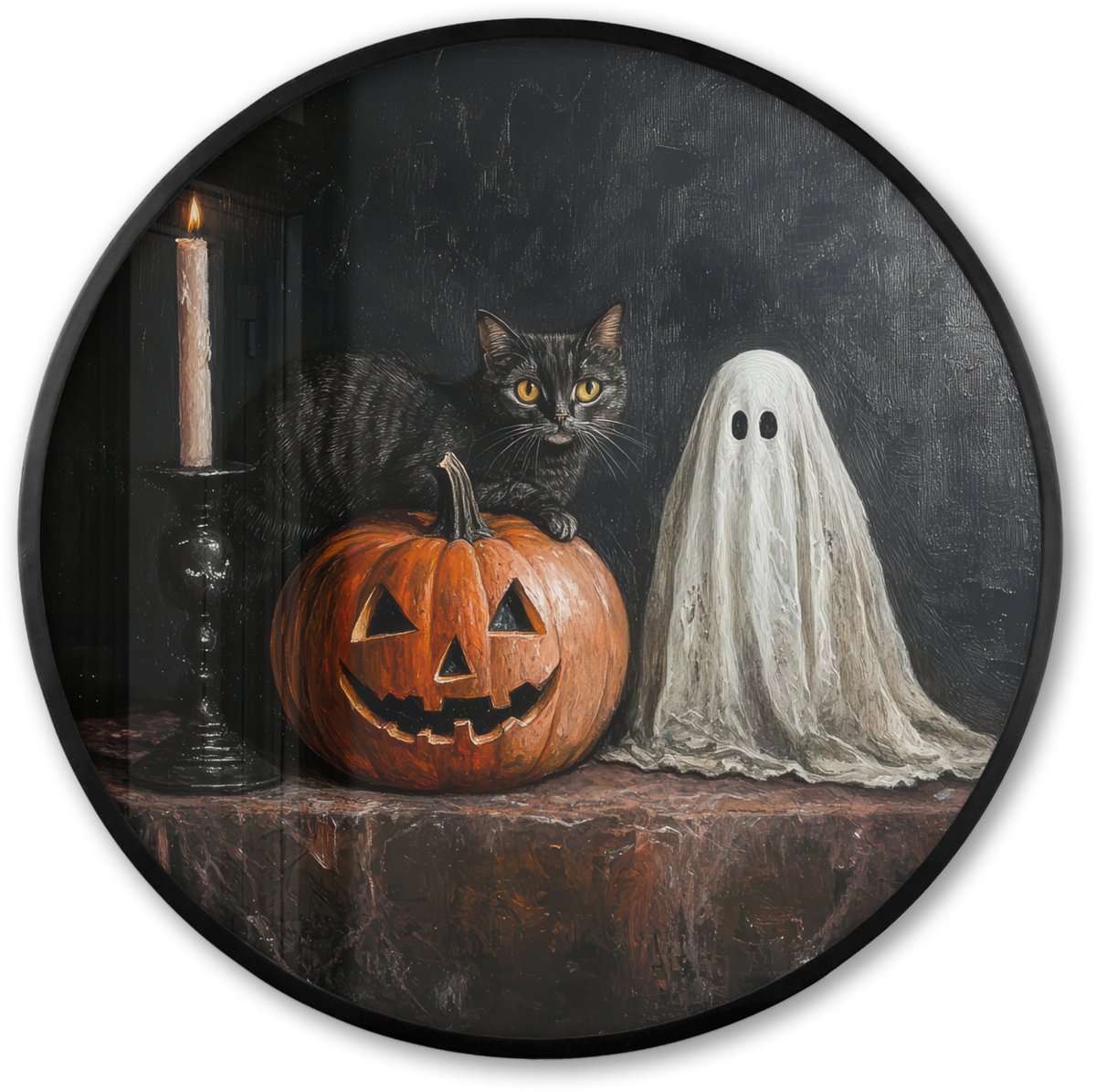 FrameYourWall Poster in lijst Rond - Fotolijst 60x60 cm - Posters - Halloween - Pompoen - Spook - Zwarte kat - Stilleven - Ronde posterlijst zwart - Decoratie - Wanddecoratie woonkamer - Muurdecoratie slaapkamer Halloween - Spookje en pompoen