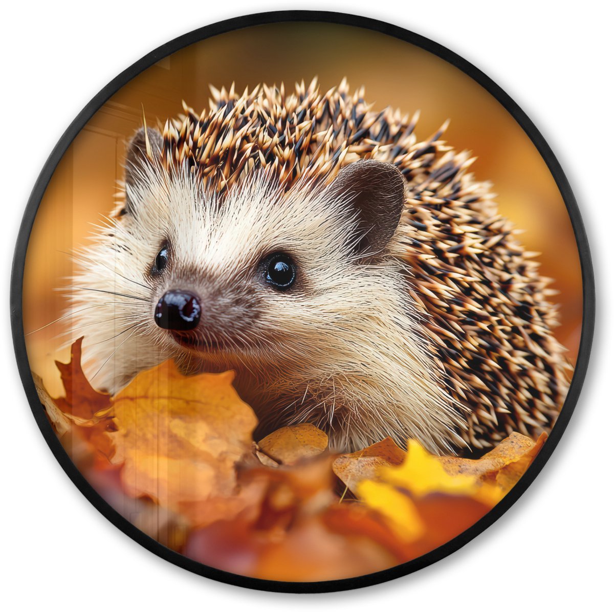 FrameYourWall Poster in lijst Rond - Fotolijst 60x60 cm - Posters - Egel - Bos - Herfstbladeren - Herfst - Bosdieren - Natuur - Ronde posterlijst zwart - Decoratie - Wanddecoratie woonkamer - Muurdecoratie slaapkamer