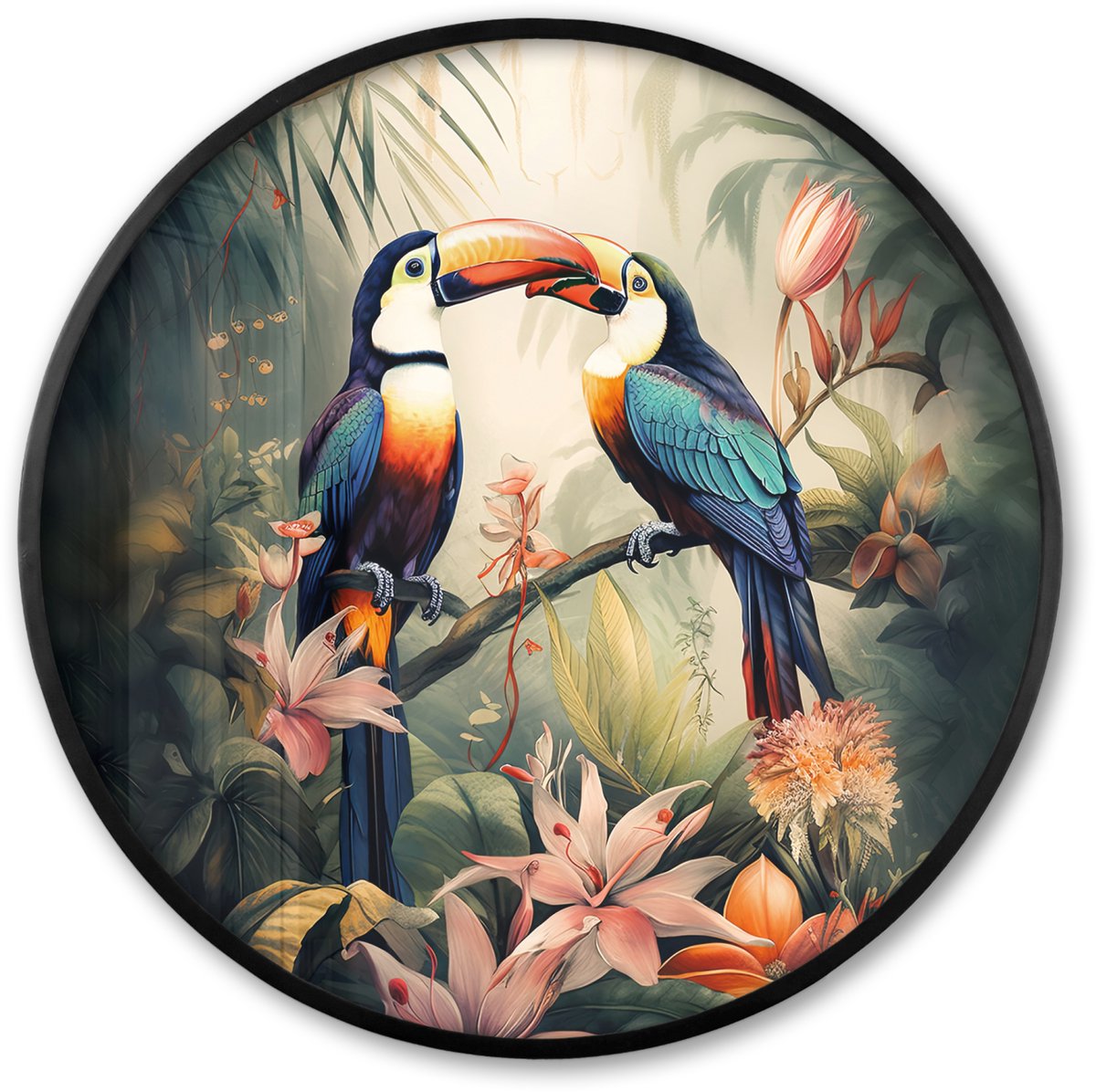FrameYourWall Poster in lijst Rond - Fotolijst 60x60 cm - Posters - Toekan - Vogels - Bloemen - Natuur - Jungle - Ronde posterlijst zwart - Decoratie - Wanddecoratie woonkamer - Muurdecoratie slaapkamer Toekan - Jungle