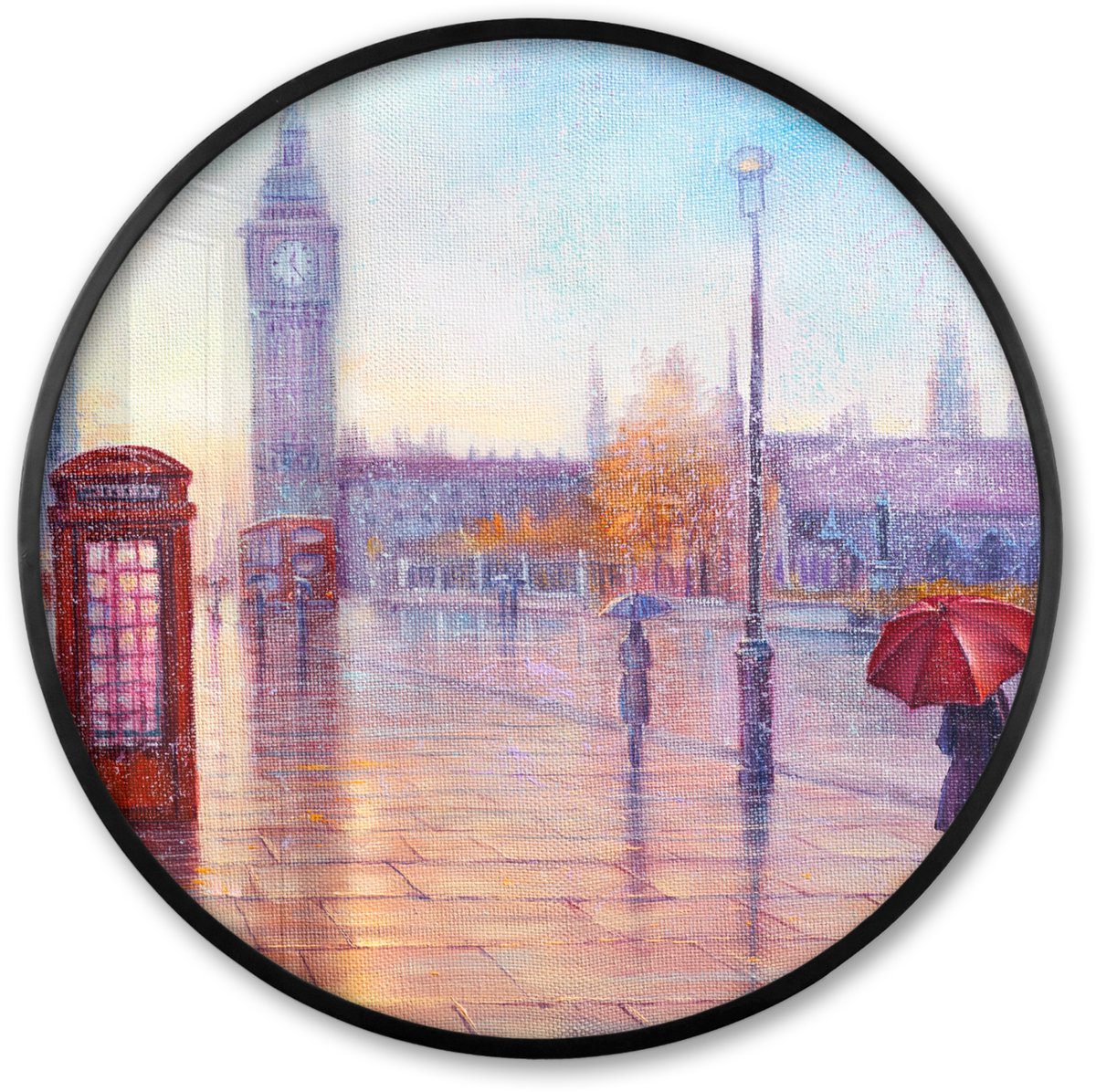 FrameYourWall Poster in lijst Rond - Fotolijst 60x60 cm - Posters - Schilderij - Olieverf - Londen - Telefoon - Ronde posterlijst zwart - Decoratie - Wanddecoratie woonkamer - Muurdecoratie slaapkamer Multicolor