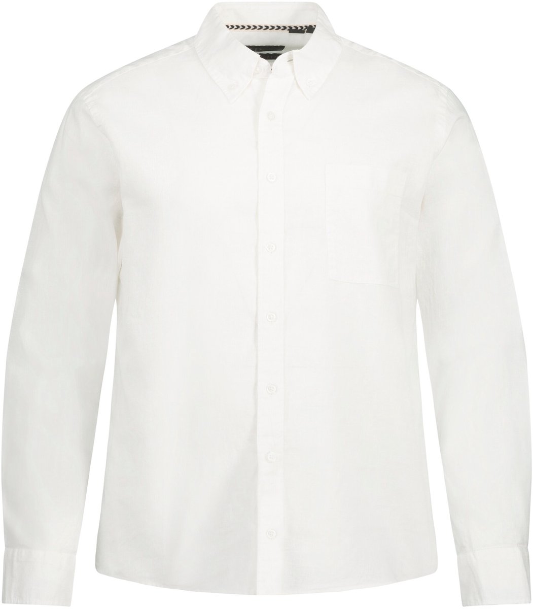 JP 1880 - Heren - Overhemd van een linnenmix lange mouwen button-down kraag - Sneeuwwit - Maat XL