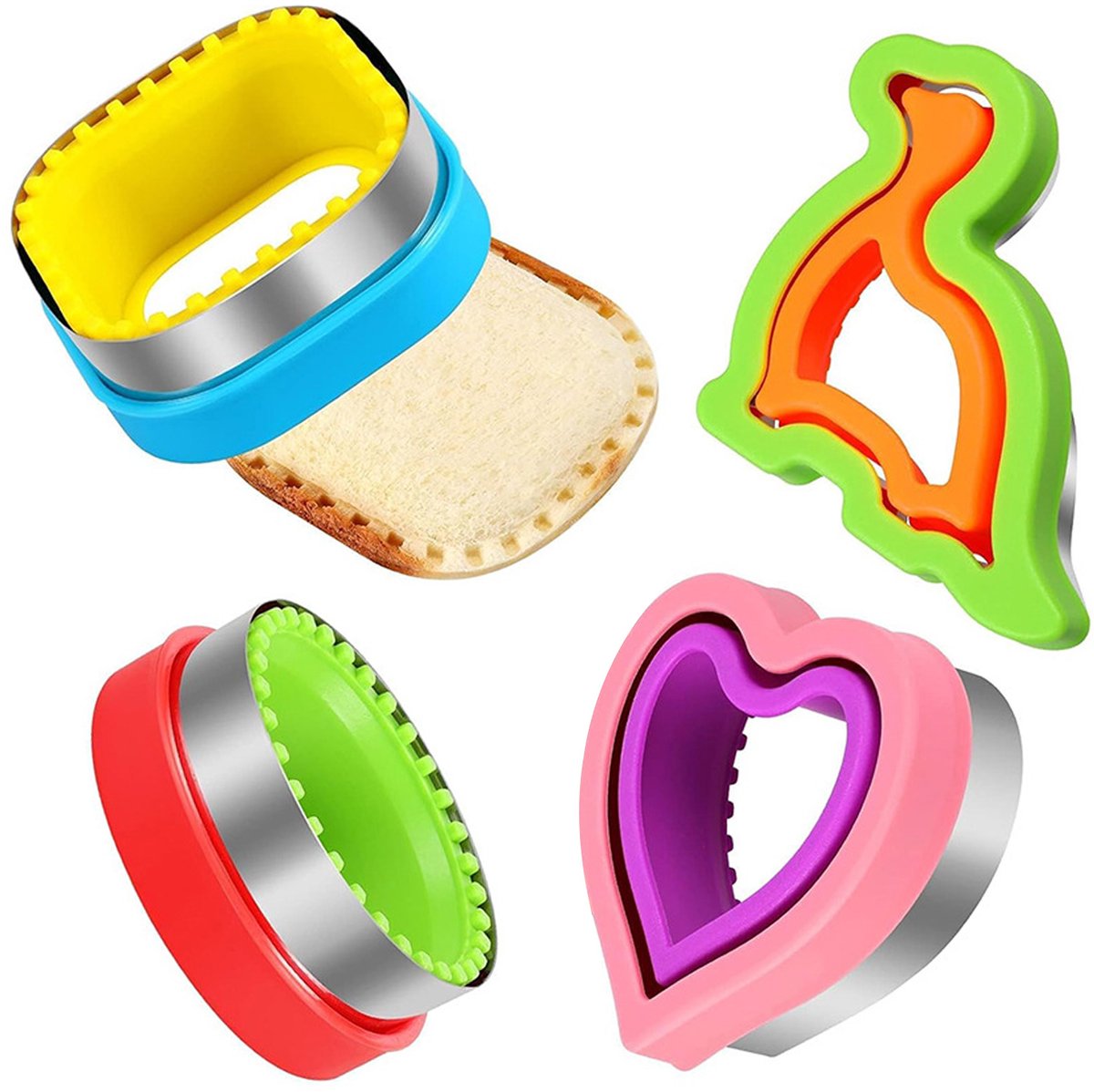 QTTVBTNA - Sandwich Cutter en Sealer Set - 4-vormige brood- en koekjessnijder - DIY bakken - kinderplezier - veilig en duurzaam - roestvrij staal & PP - 4 stuks