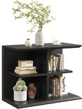 Zwarte bijzettafel met drie open schappen, gedecoreerd met boeken, een vaas met bloemen en een radio.
