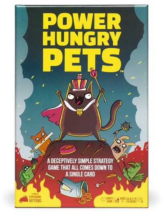 Power Hungry Pets speldoos met een kat met kroon en mantel, die een scepter vasthoudt, omringd door andere huisdieren met wapens op een rots.