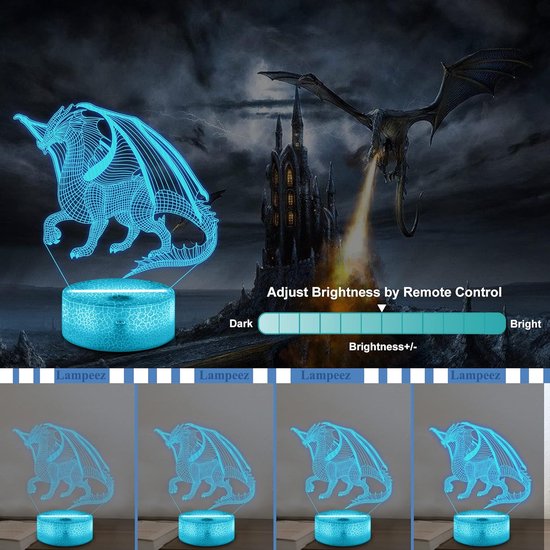 Daity 3D Draak Nachtlampje 3D Kinderillusielamp, 16 Kleuren Afstandsbediening Kleurverandering, Kinderkamerdecoratie, Kan Worden Gebruikt als Kerstmis Verjaardagscadeau voor Jongens en Meisjes van Merkloos — afbeelding 4