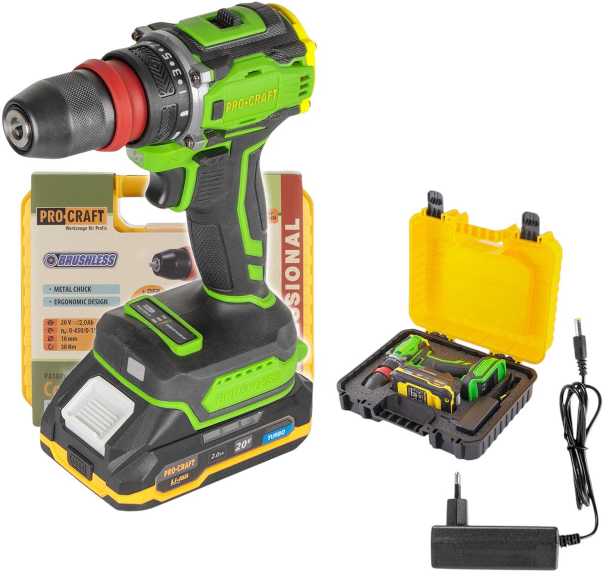 Procraft PA18PRO DFR-1B-C accuboormachine 20 V 30 Nm borstelloos + 1x accu 2,0 Ah + oplader + koffer