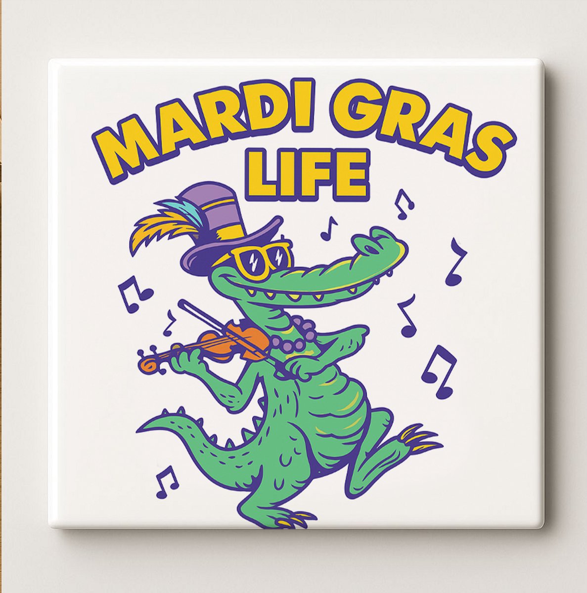 Mardi Gras Life Keramische Tegel – 15x15 cm Grappige Alligator Muziek Ontwerp – Kleurrijke