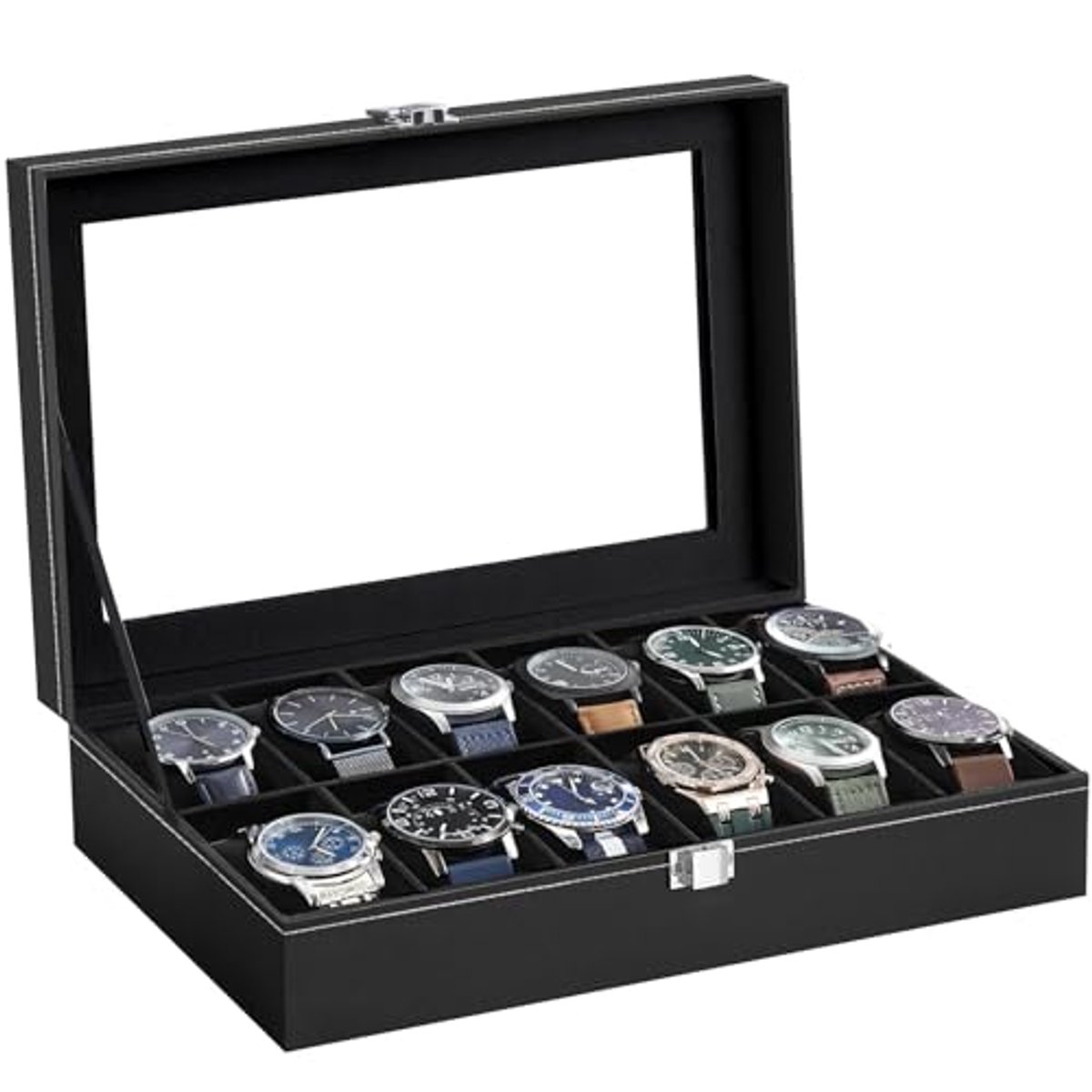 Horlogedoos met 12 Sleuven - Stijlvolle Opbergdoos voor Horloges in PU-leer met Transparant Glazen Deksel
