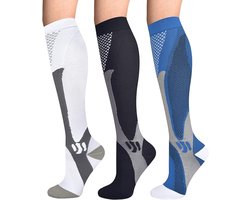 Compressiekousen voor Mannen en Vrouwen - 3 Paren Steunkousen voor Bloedcirculatie - Hoge Comfort bij Sport, Reis en Vlucht - Voor Sporters en Reizigers - Compressiesokken - Zwart - 2XL - 3 Paren
