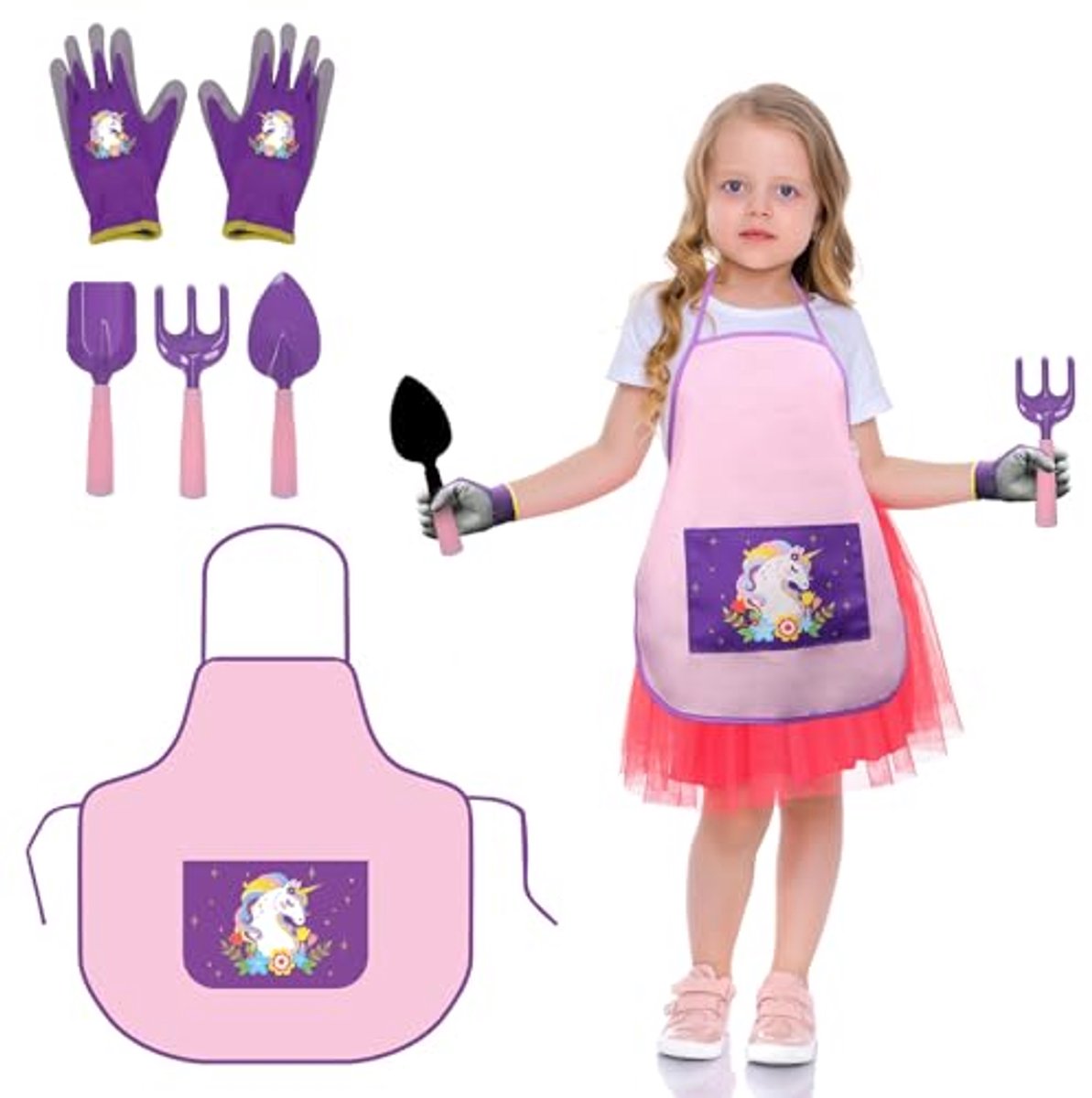 5-delig tuingereedschap voor kinderen - Eenhoorn tuinset met schort, handschoenen en speelgerei