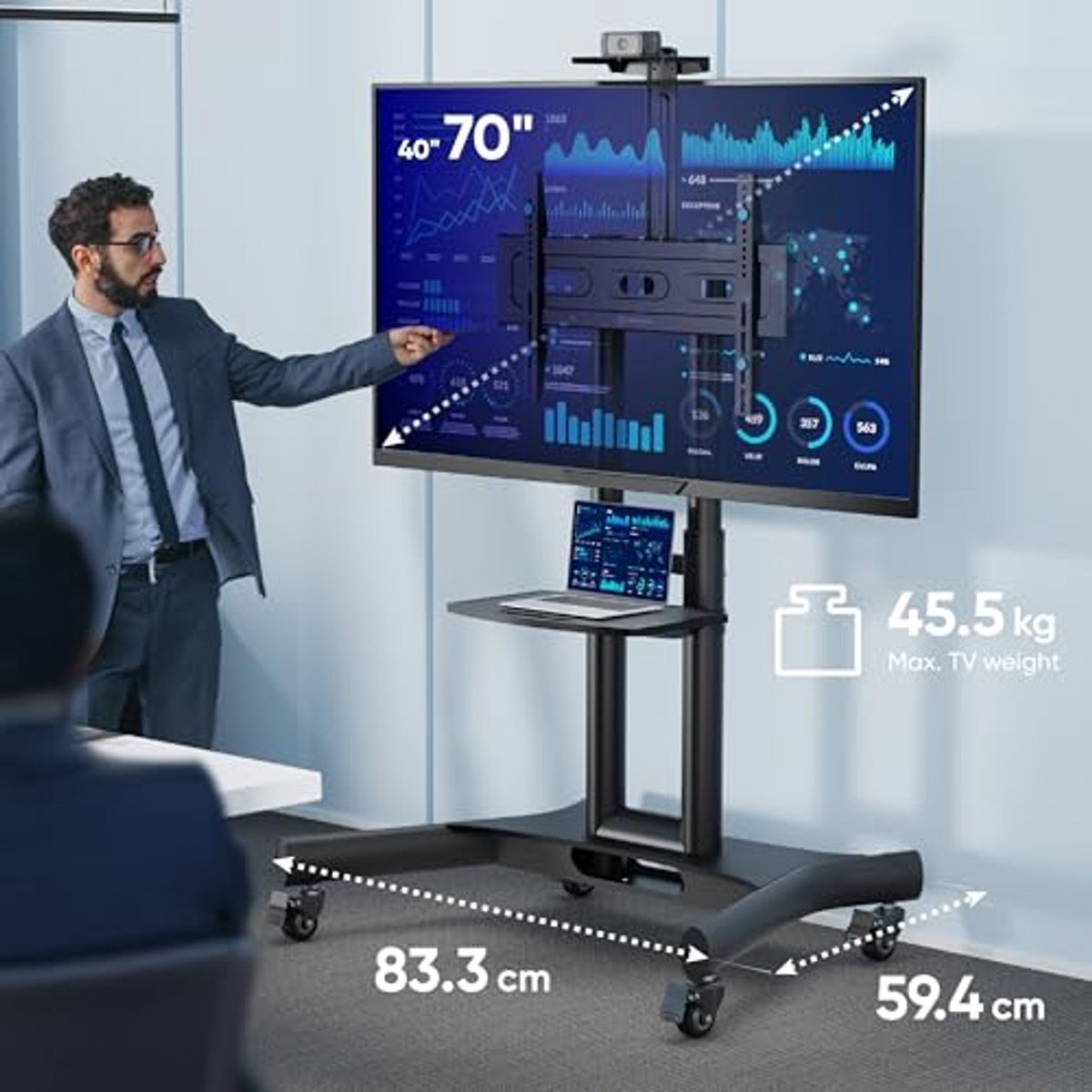 Mobiele TV Stand met Wielen voor 40-70 Inch Schermen - Verstelbare TV Meubel tot 45.5kg