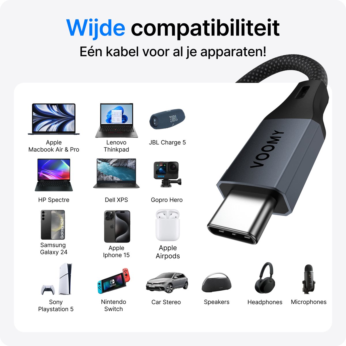 Voomy USB C Kabel 240W - 1 Meter - USB-C naar USB-C oplaadkabel - Geschikt voor Telefoon, Tablet & Laptop - Gevlochten Nylon - Space Grey — afbeelding 6