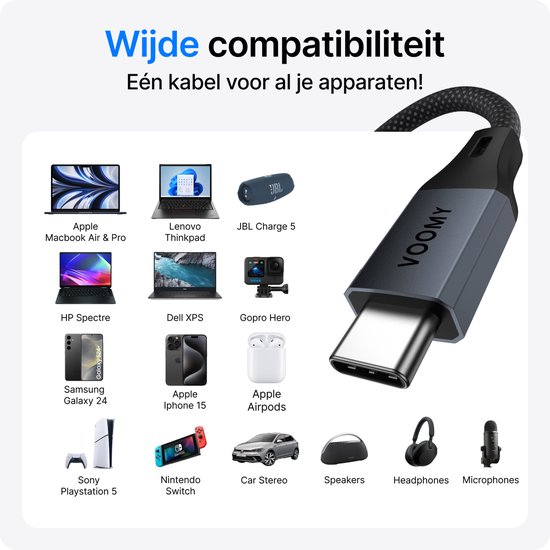 Vaste opstelling toont diverse apparaten, waaronder laptops, telefoons en consoles, die compatibel zijn met de Voomy USB-C kabel.