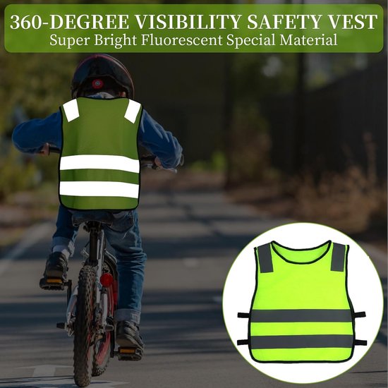 Kind op fiets draagt een lichtgroen veiligheidsvest met reflecterende strepen. Hoge zichtbaarheid.