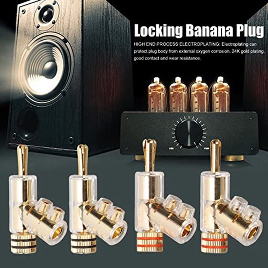 4Pcs Locking Banana Connectors, 45 Degree Angled Banana Plugs 24K Gold Plated Locking Speaker Plug Supports Maximum 7mm Wire Diameter for Speakers — afbeelding 2