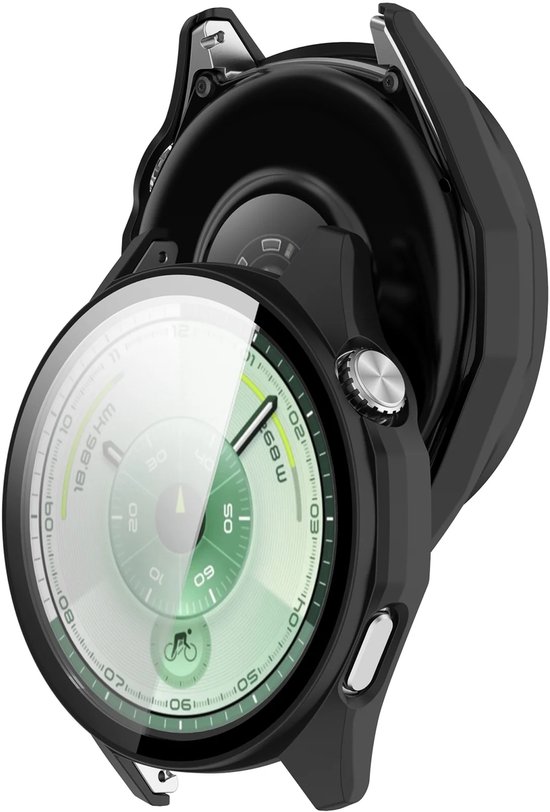 Zwarte smartwatch case, open aan de zijkant, met groen display.