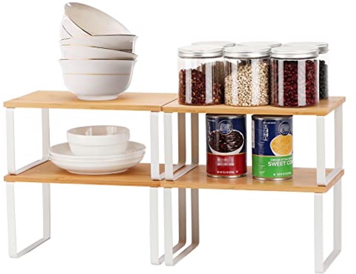 Uitbreidbaar en stapelbaar bamboe kast plank organizer 4-pack