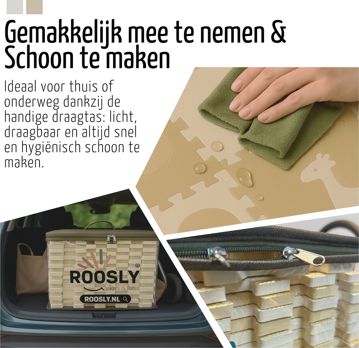 Roosly Speelmat Baby - Speelkleed Baby - babygym - kruipmat - playmat - Foam vloerpuzzel 145 x 145 cm - Opstaande Rand - Inclusief Opbergtas - speelgoed - Veilig & Zacht - Beige thumbnail 5