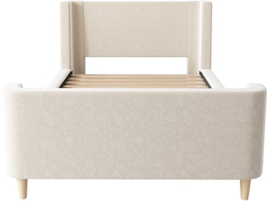 Eenpersoonsbed 90x200cm Zonder Matras Kinderbed Beige Fluweel Gestoffeerd Bed Met Lattenbodem Minimalistisch Jongensbed Meisjesbed